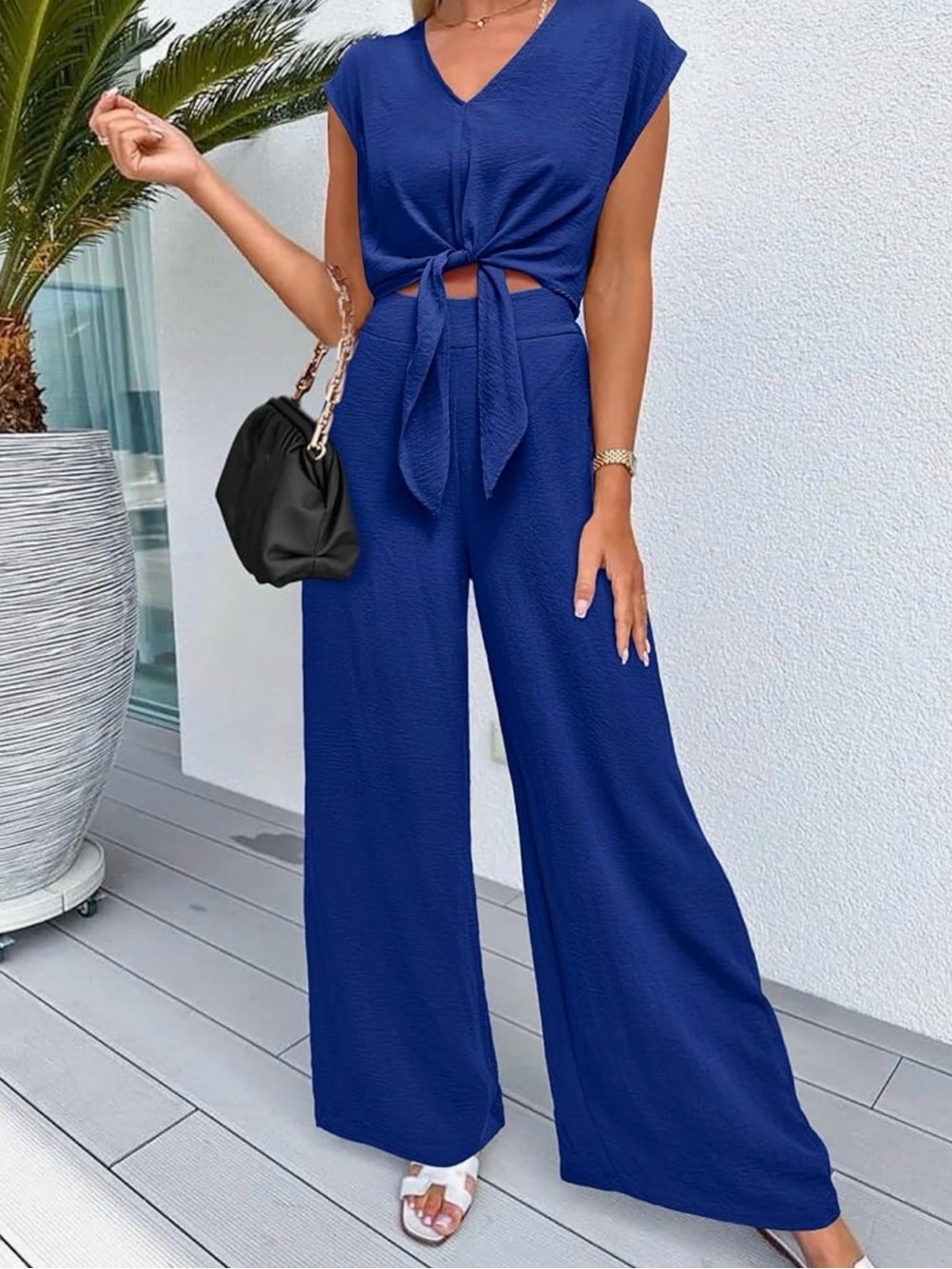 Pretty Garden Women's Tie-Front Wide Leg Jumpsuit - Blue